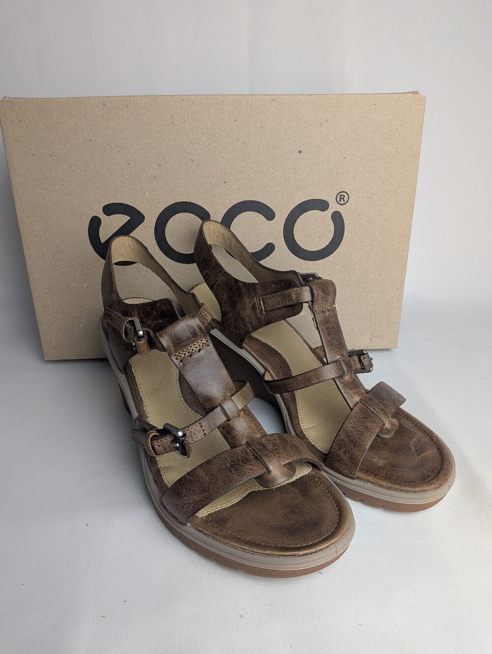ECCO Adora Sandals T-Bar Women Leather Size 36 = 5, 5.5 US Walnut Color Wedge